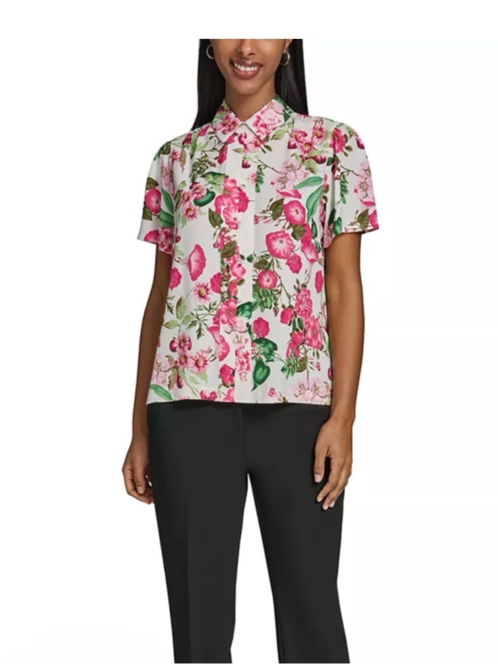 Karl Lagerfeld White Pearl Button-Front Blouse with Pink Floral & Green Leaves